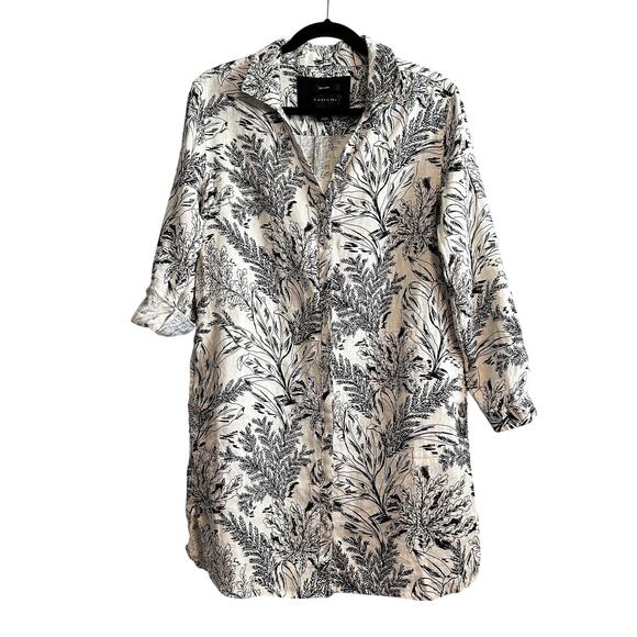 Tahari 100% Linen Black Cream Leaf Floral Print Tunic Shirt Dress Size XS - Picture 1 of 10